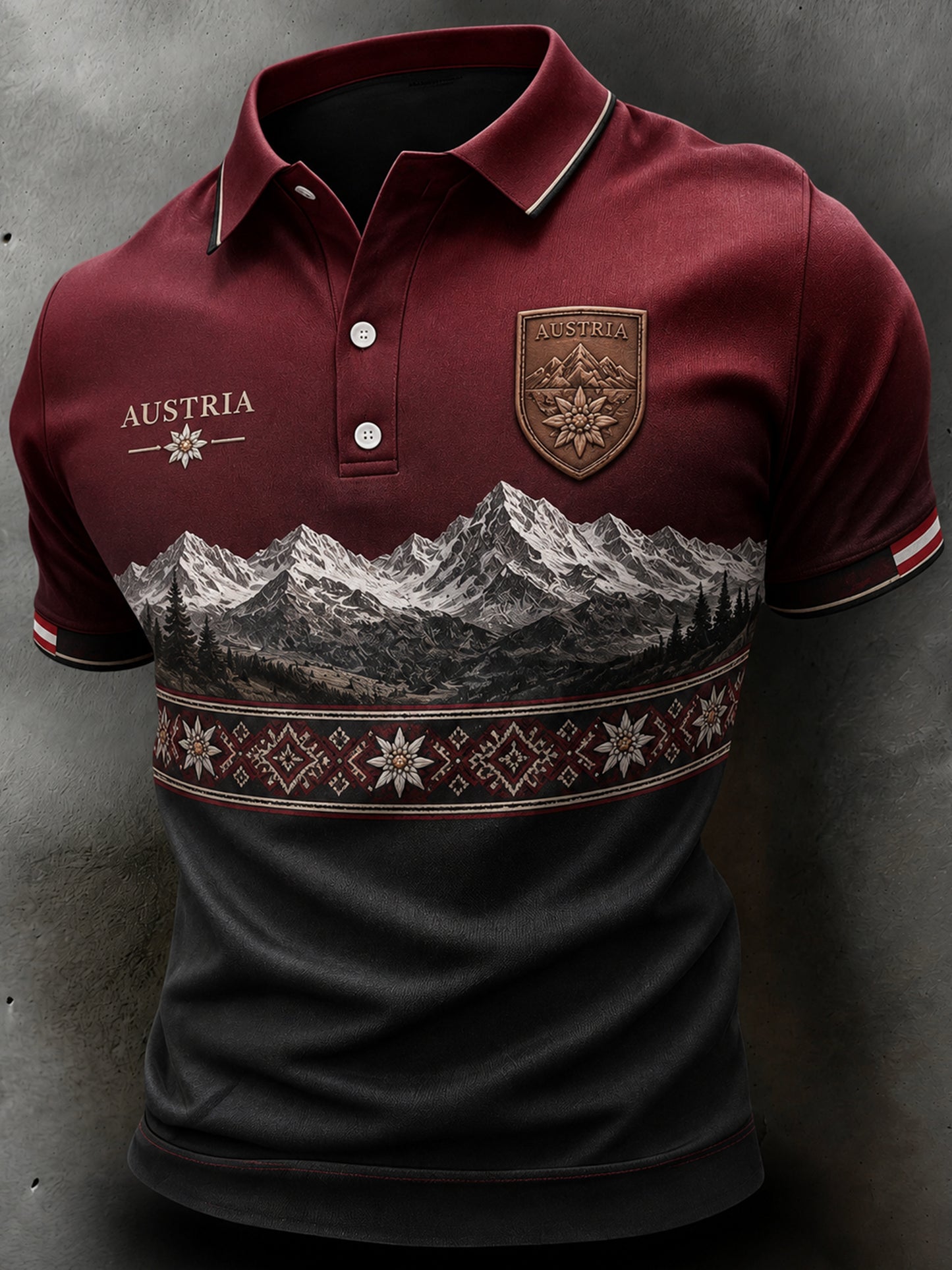 Herren-Poloshirt mit künstlerischem Aufdruck österreichischer Naturlandschaftselemente