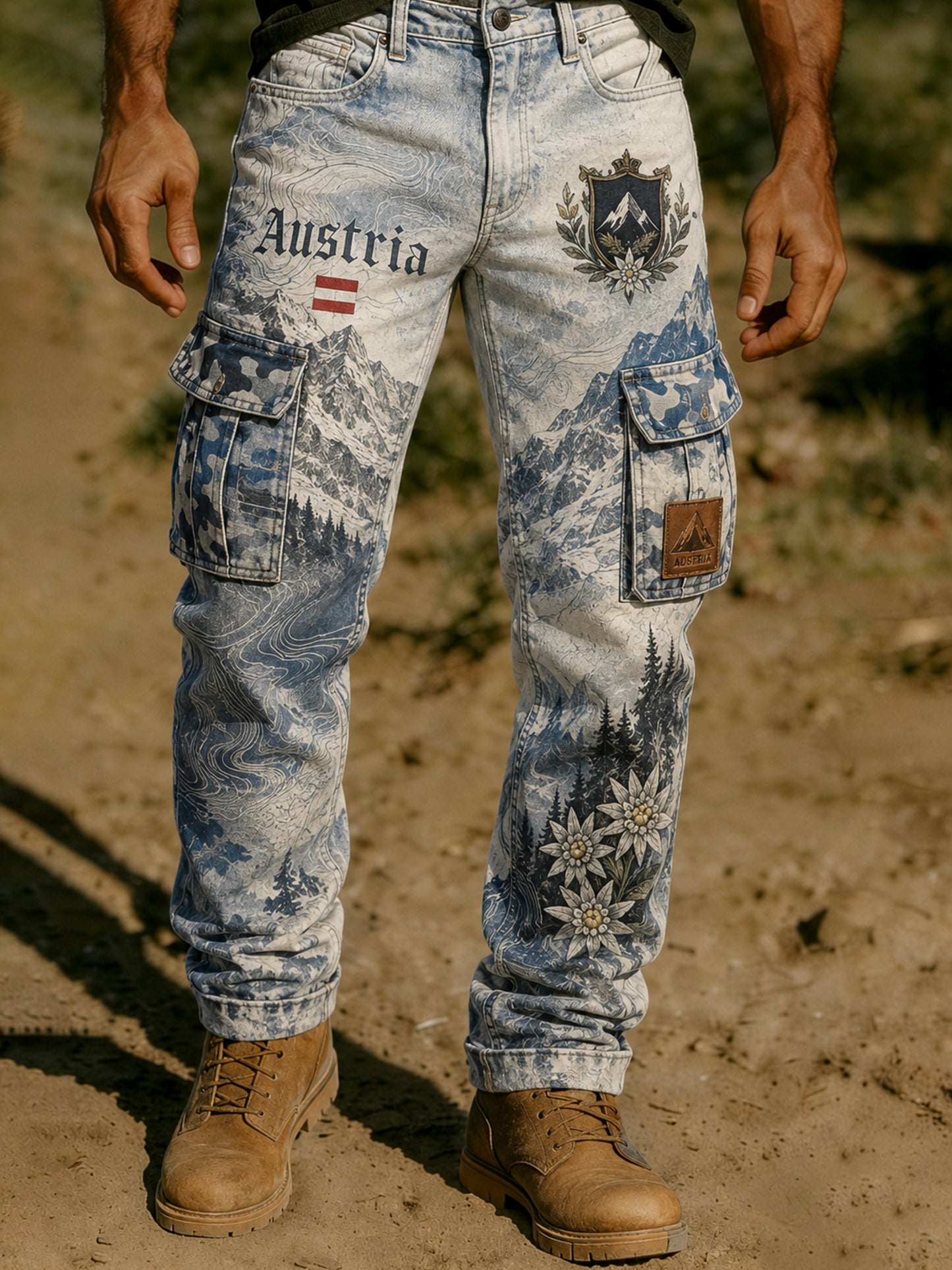 Herrenhose mit österreichischer Berg-Edelweiß-Flaggen-Print