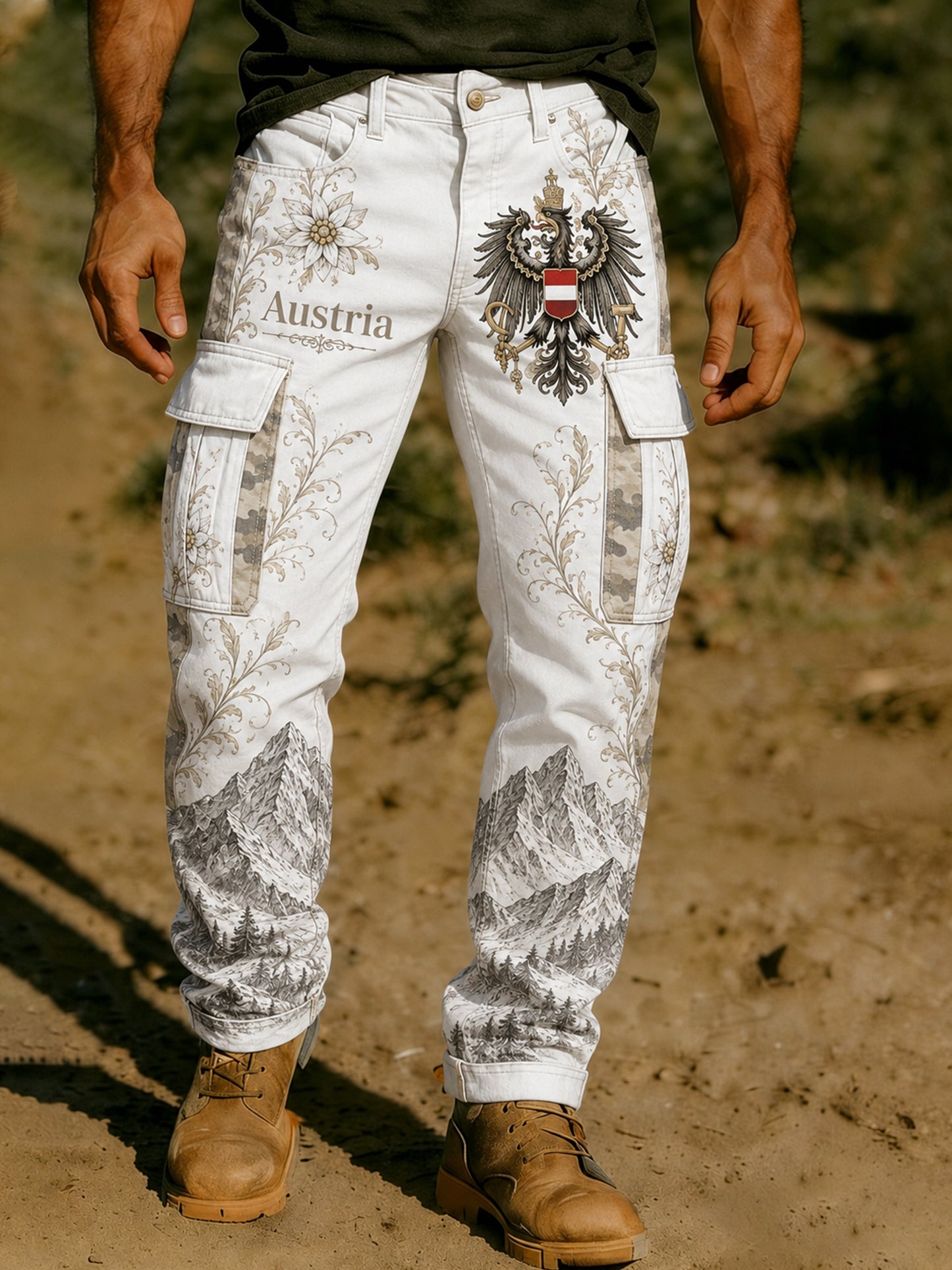 Herrenhose mit österreichischer Berg-Edelweiß-Flaggen-Print