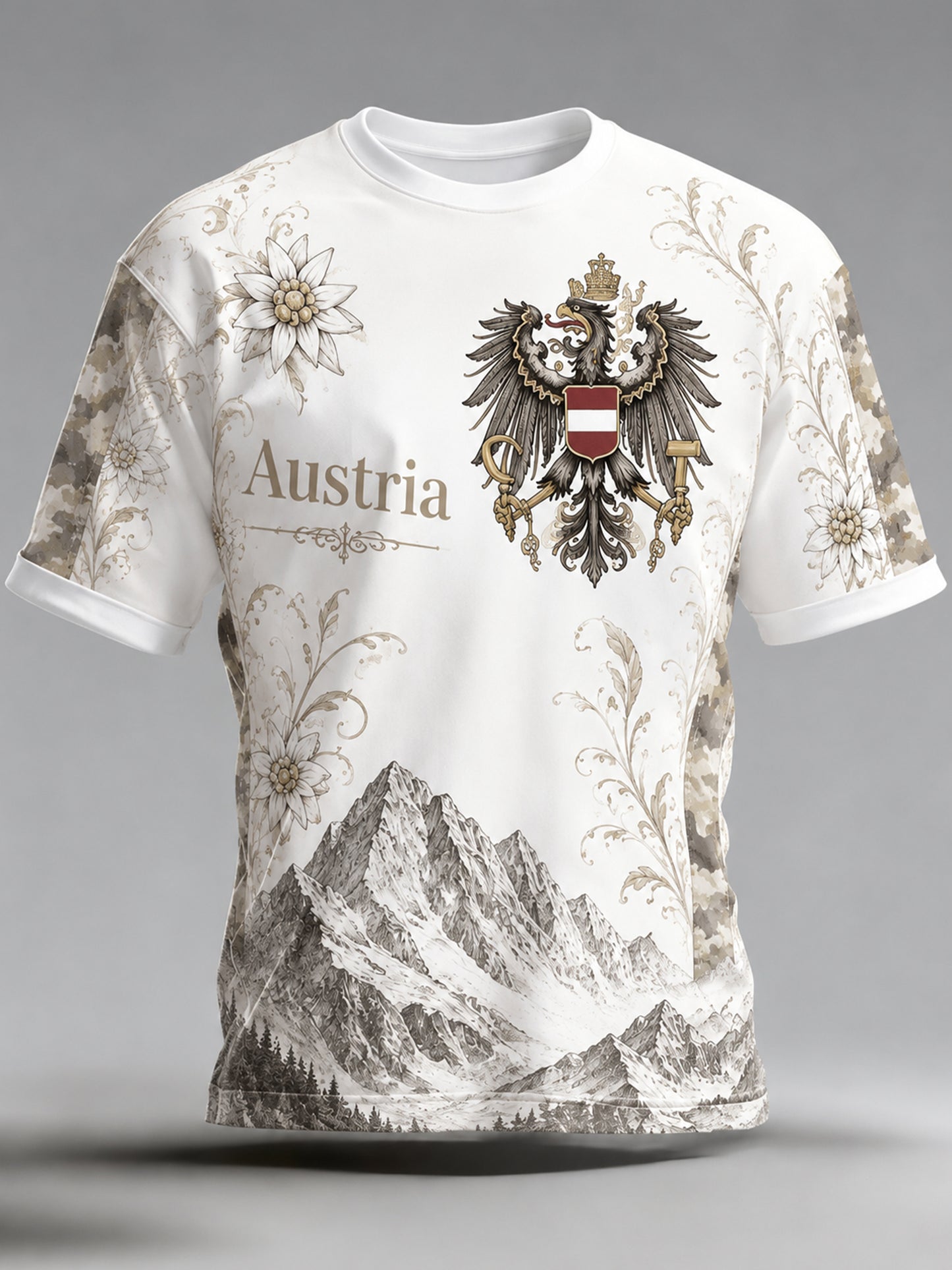 Herren-T-Shirt mit Kunstdruck im Stil der österreichischen Berg-Edelweiß-Flagge