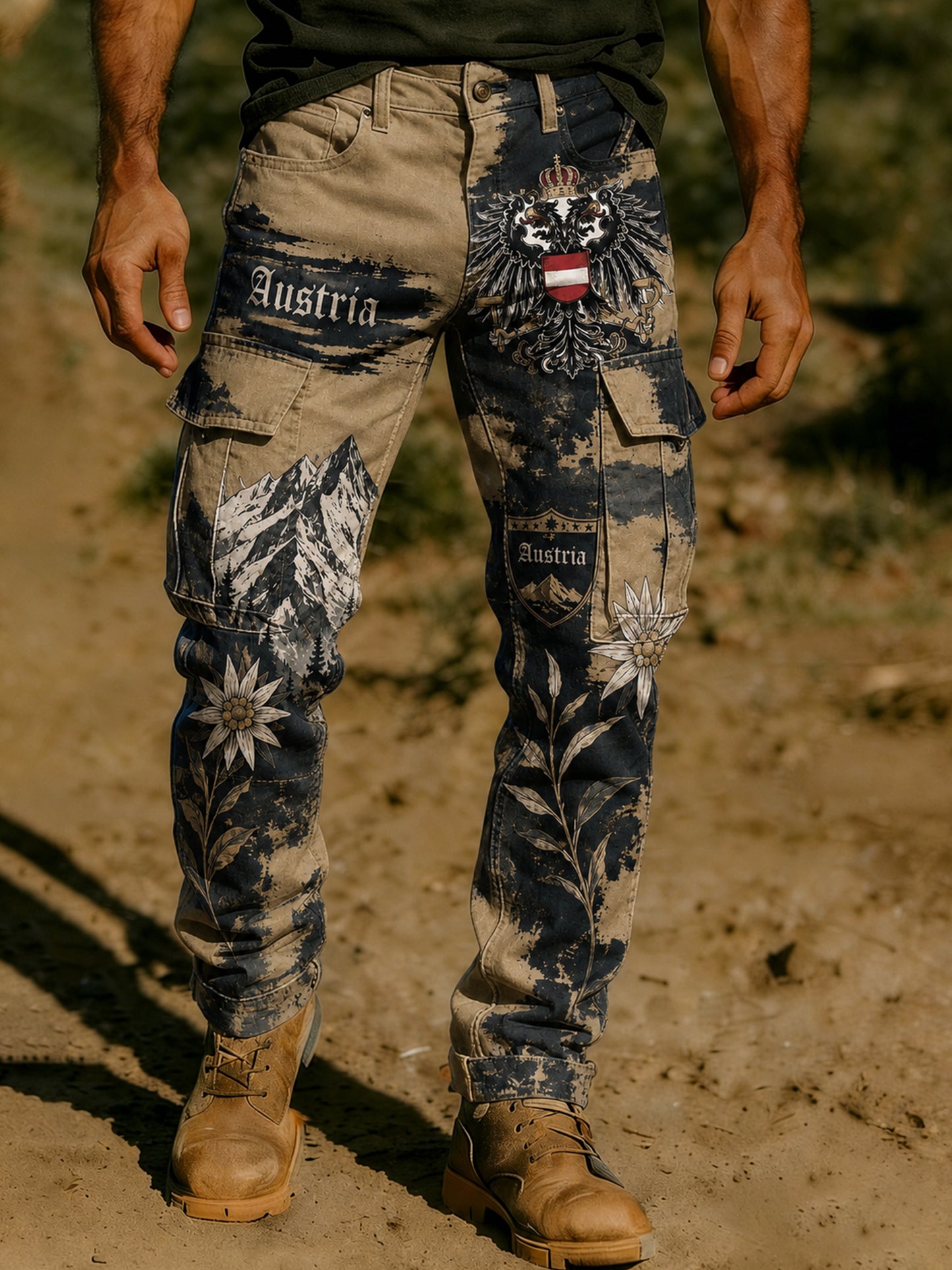 Herrenhose mit österreichischer Berg-Edelweiß-Flaggen-Print
