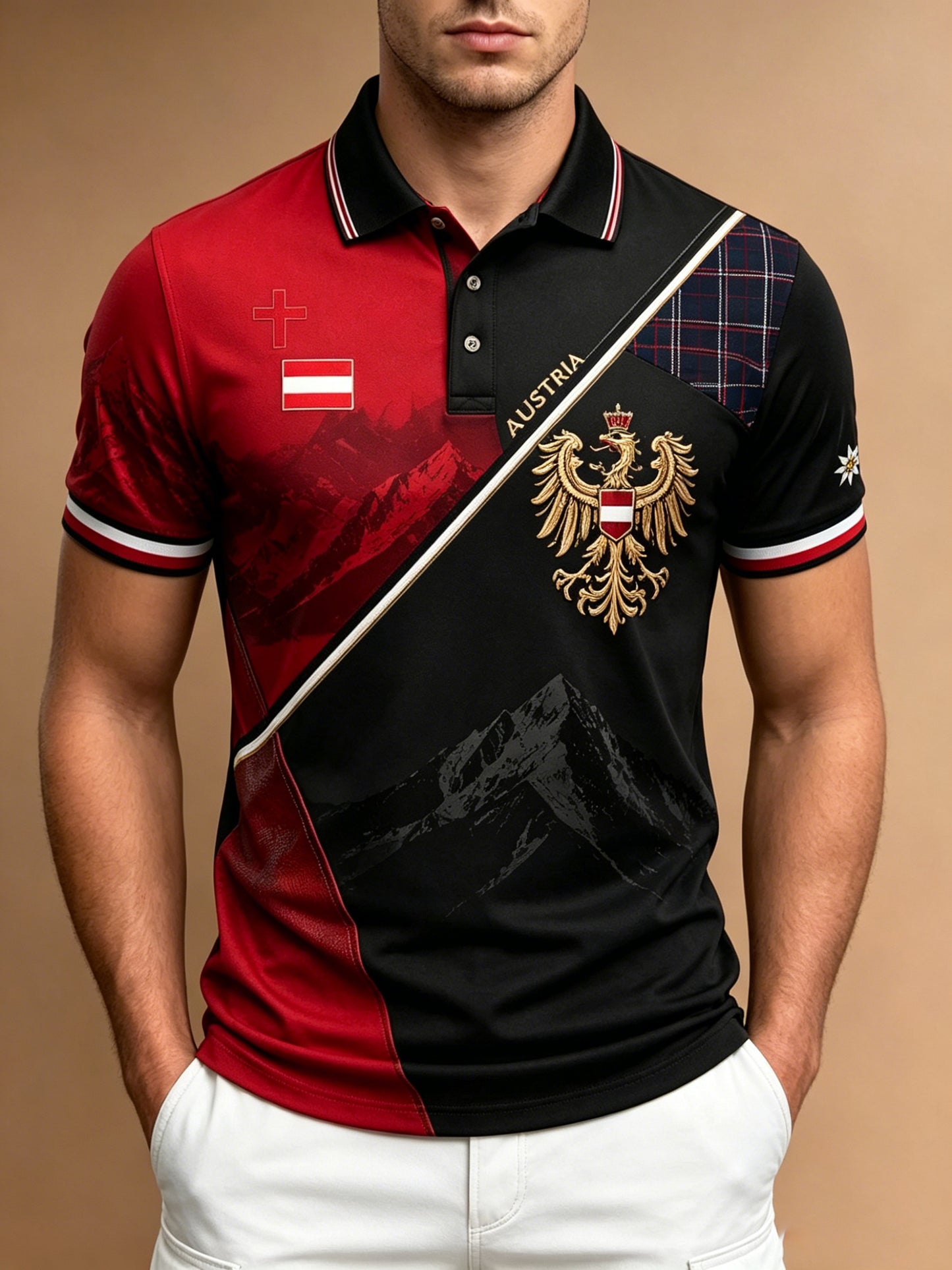 Herren Österreichi scher Berg Edelweiss Element Kunstdruck Polo