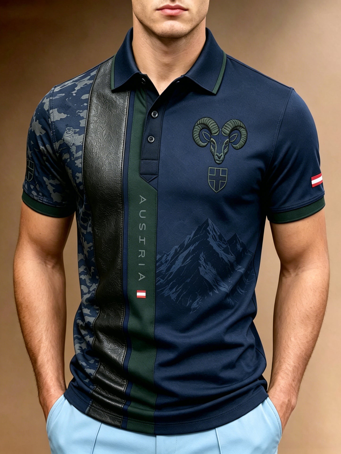 Herren-Polo mit Kunstdruck des österreichischen Berg-Edelweiß-Elements