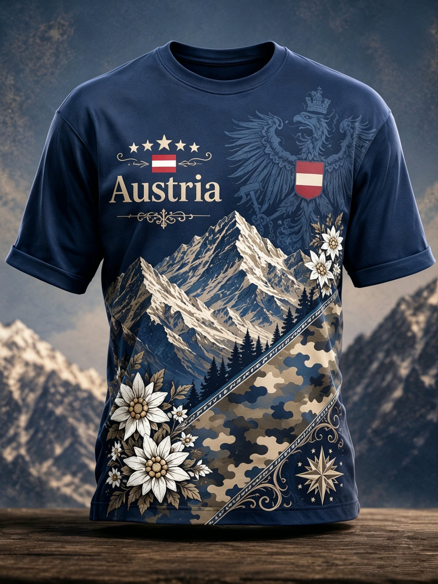 Herren-T-Shirt mit Kunstdruck des österreichischen Berg-Edelweiß-Elements