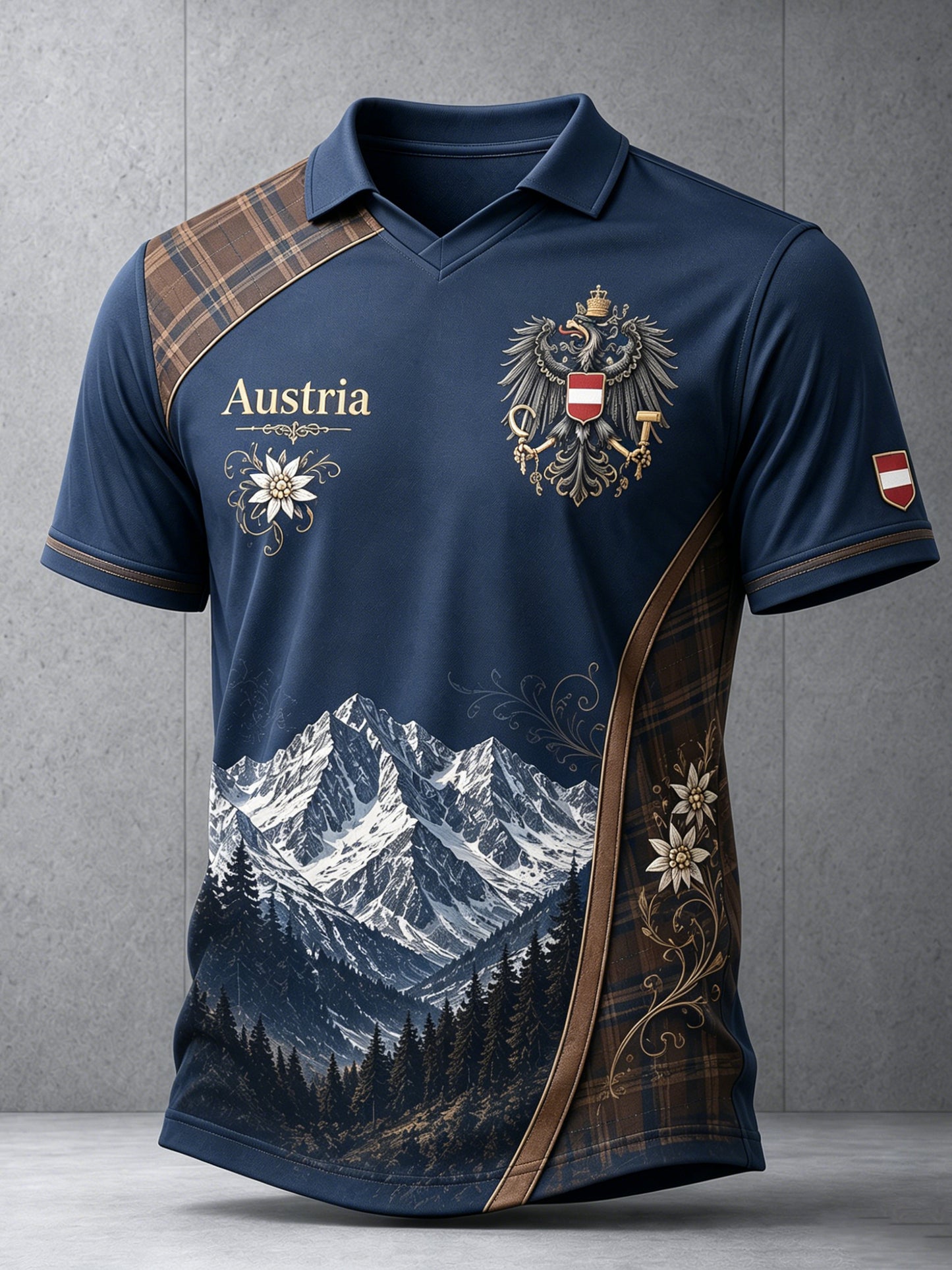 Herren Österreichi scher Schneeberg-Themen-Blumen druck V-Ausschnitt Top