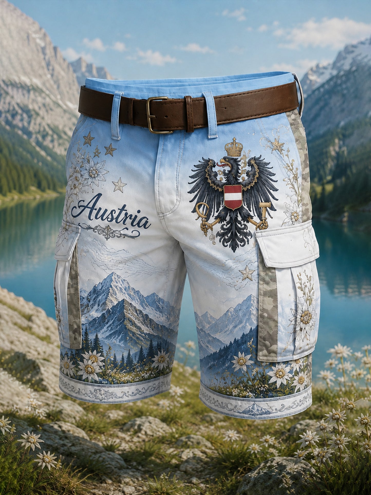 Herren-Shorts mit Blumen druck mit österreichi schem Schneeberg-Thema