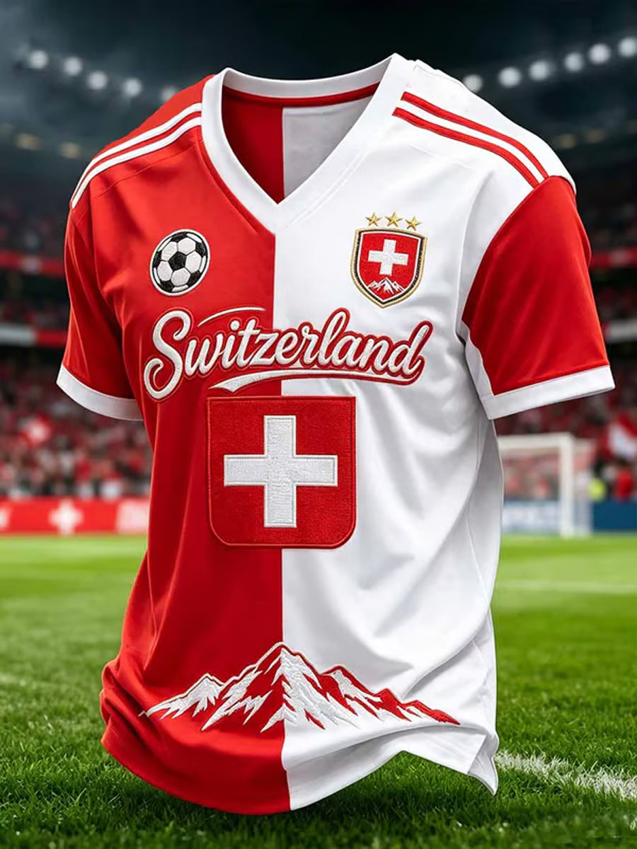 Herren Schweiz Fußball Fan Print T-Shirt mit V-Ausschnitt