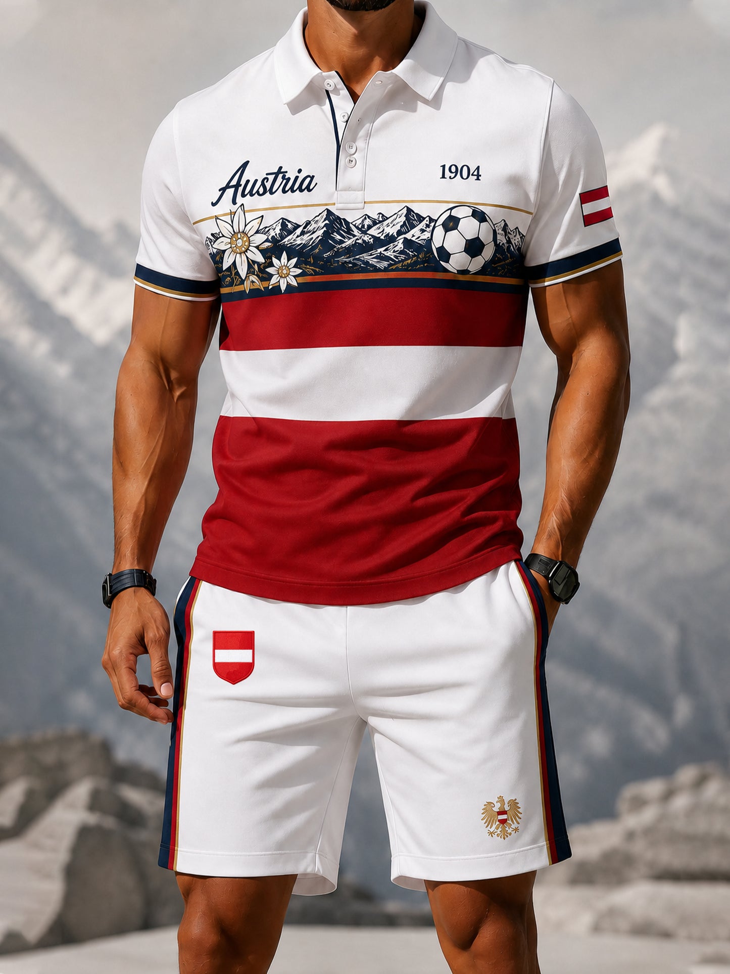 Männer österreich isches Fußballspiel Jubeln Fan Element Kunstdruck Polo Anzug