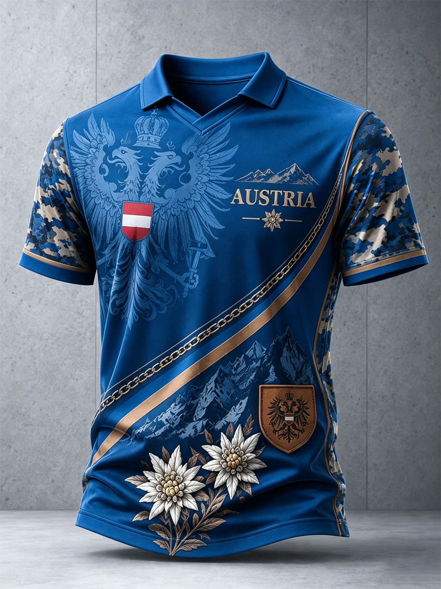 Herren-Polo mit lässigem Edelweiß-Flaggen-Print in österreichischem Stil