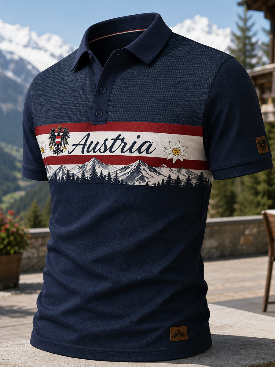 Herren-Poloshirt mit Kunstdruck im österreichischen Landschaftsstil