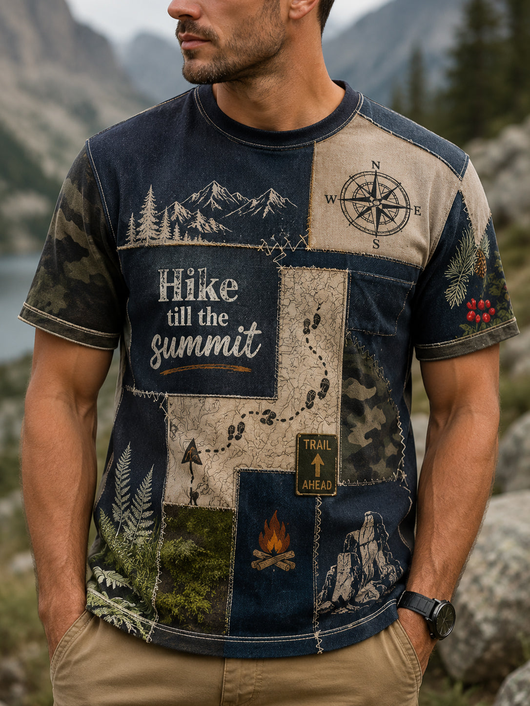 Herren-Art-Print-Casual-T-Shirt mit österreichischem Outdoor-Wandermotiv
