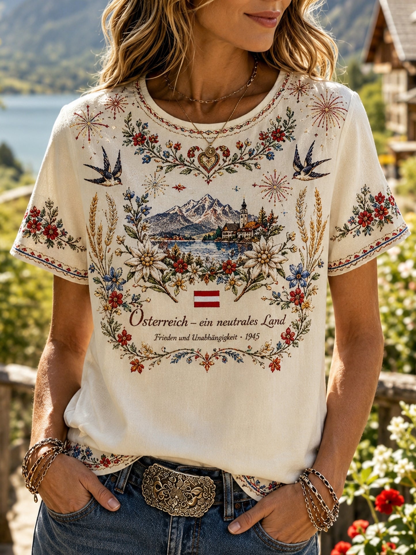 Damen-T-Shirt mit Kunstdruck und österreichischen Kulturelementen