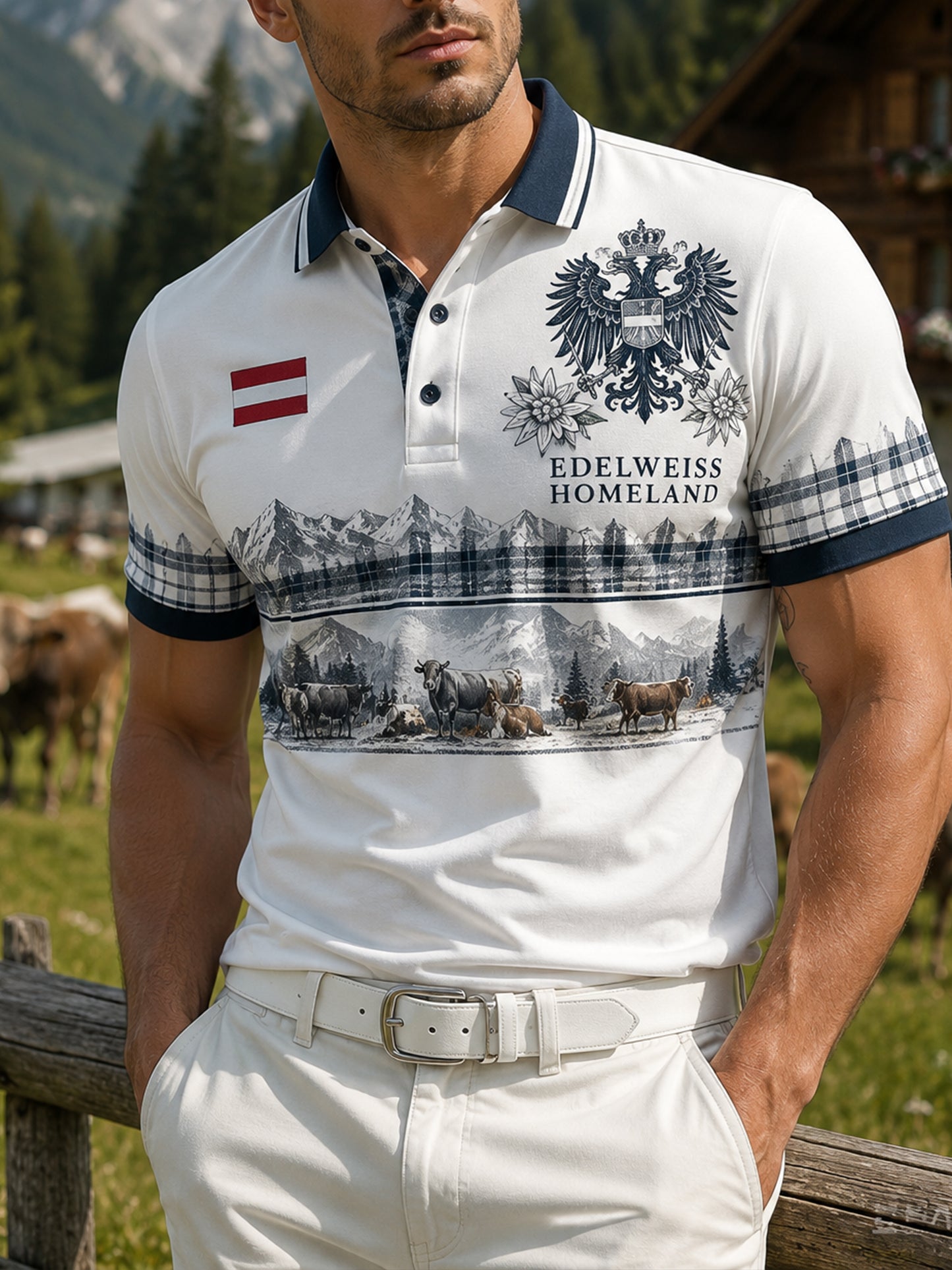 Herren-Poloshirt mit Kunstprint im österreichischen Kulturstil
