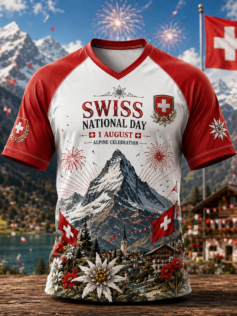 Herren-T-Shirt mit V-Ausschnitt, kurzen Raglanärmeln und nationalen Motiven zum Nationalfeiertag