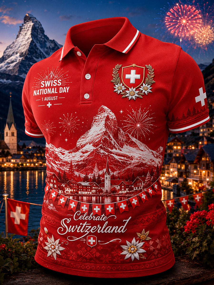 Herren-Poloshirt mit kurzen Ärmeln und Aufdruck zur Feier des Nationalfeiertags