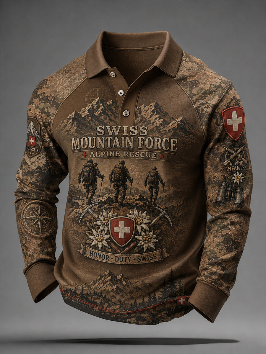 Herren Vintage Camouflage Militär-Print Raglan Langarm Polo-Shirt