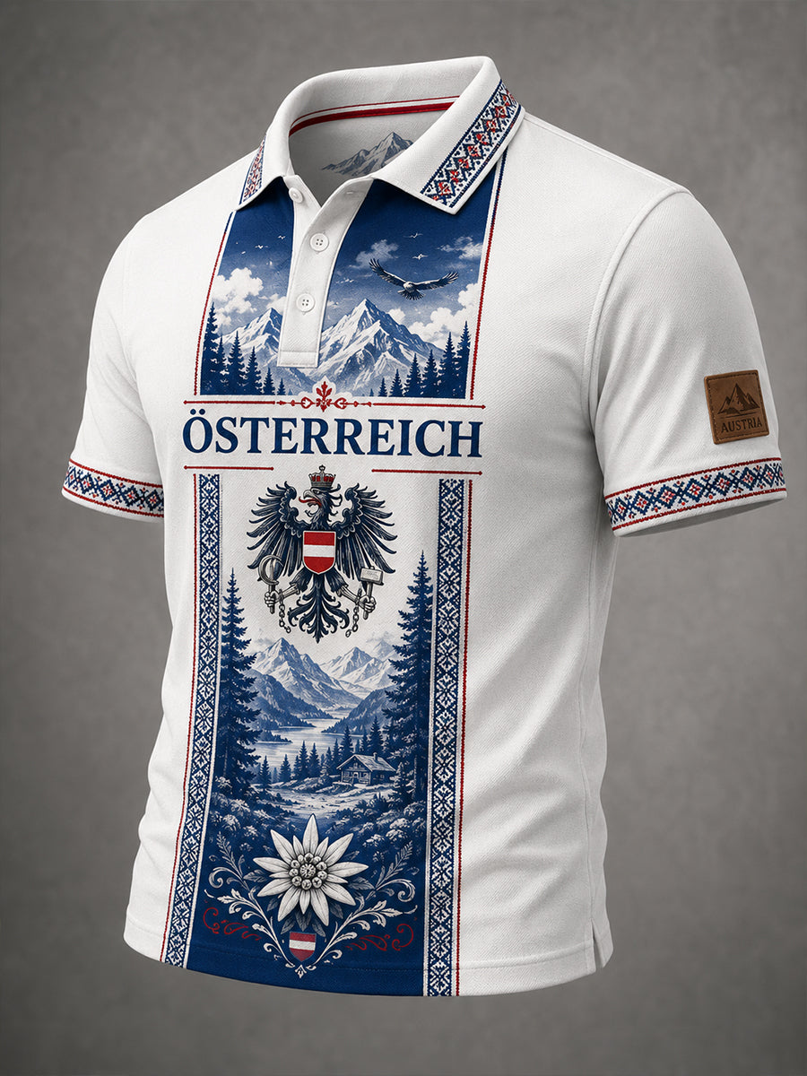 Herren-Poloshirt mit kunstvollem Druck in österreichischem Blumen- und Schneeberg-Design
