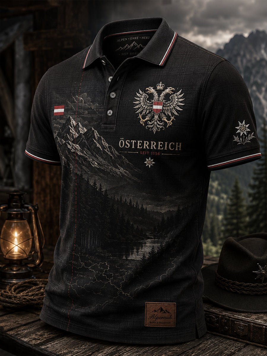 Herren-Poloshirt mit kunstvollem Druck in österreichischem Blumen- und Schneeberg-Design
