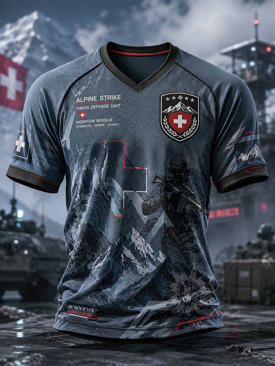 Herren-Top im Vintage-Stil mit Militärprint, V-Ausschnitt und Raglanärmeln, kurze Ärmel