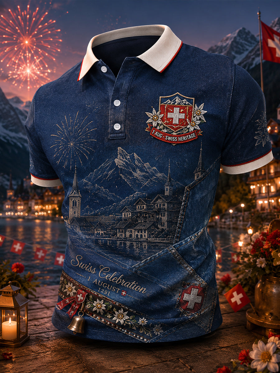 Grafisches Kurzarm-Poloshirt zur Feier des Nationalfeiertags der Männer