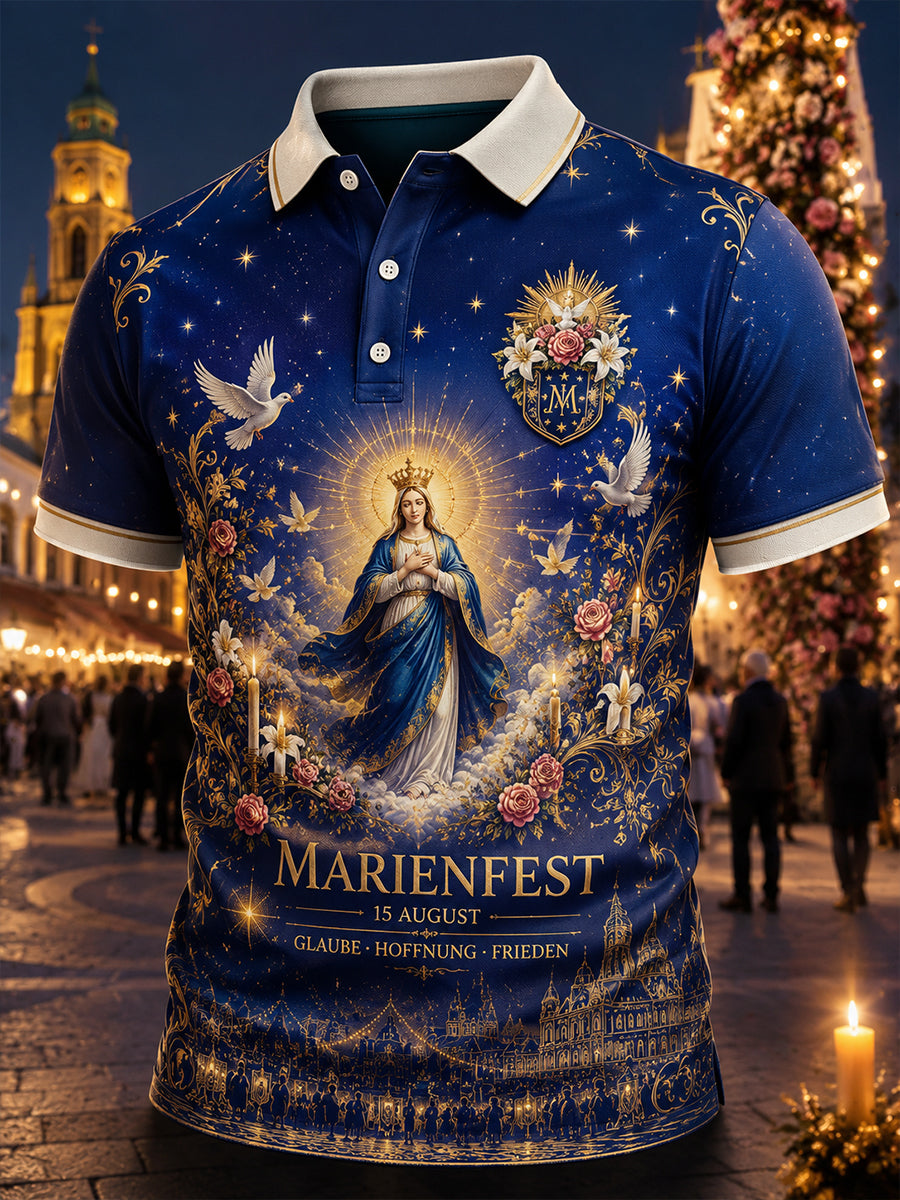 Herren-Poloshirt mit kurzen Ärmeln und grafischem Aufdruck zur Feier des Festes der Himmelfahrt Mariä