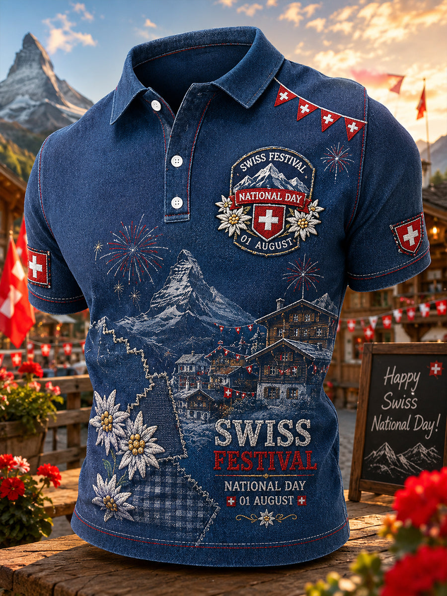 Grafisches Kurzarm-Poloshirt zur Feier des Nationalfeiertags der Männer
