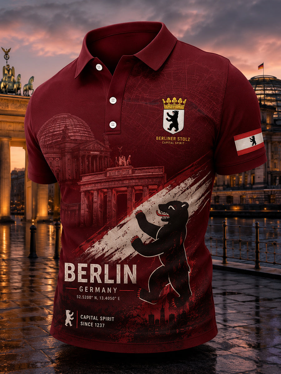 Herren-Poloshirt mit kurzen Ärmeln und urbanem, erinnerungsträchtigem Grafikdruck