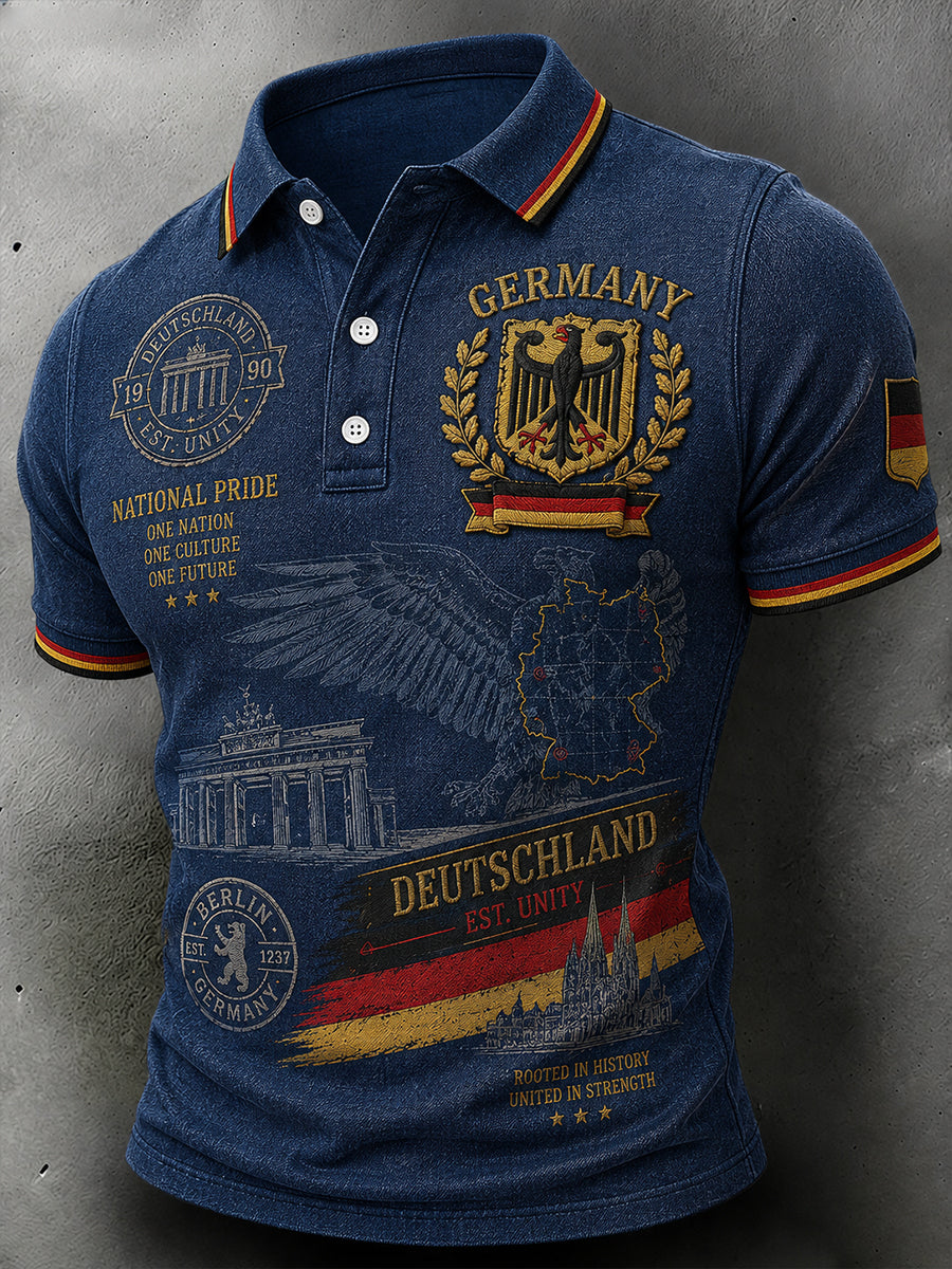 Herren-Poloshirt im Retro-Stil mit Adler-Print und kurzen Ärmeln