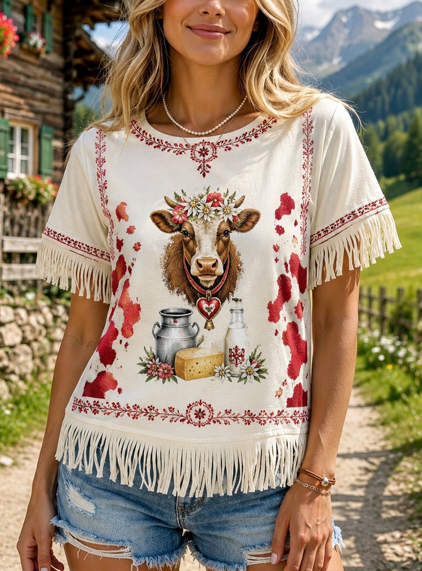Frauen Österreichi scher Landhausstil Kunstdruck Quaste T-Shirt