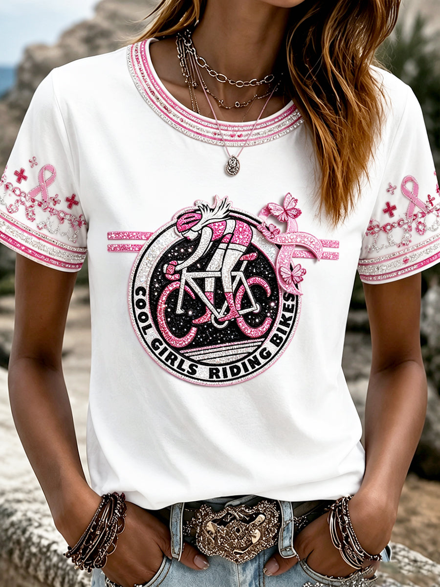Frauen weißes Radsport-T-Shirt mit Brustkrebs-Print