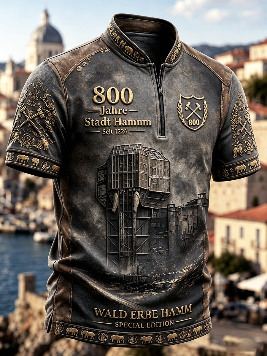 Herren Grau Deutsche Hamm 800-Jahr-Jubiläum Retro Patchwork Print Casual T-Shirt mit Reiß verschluss