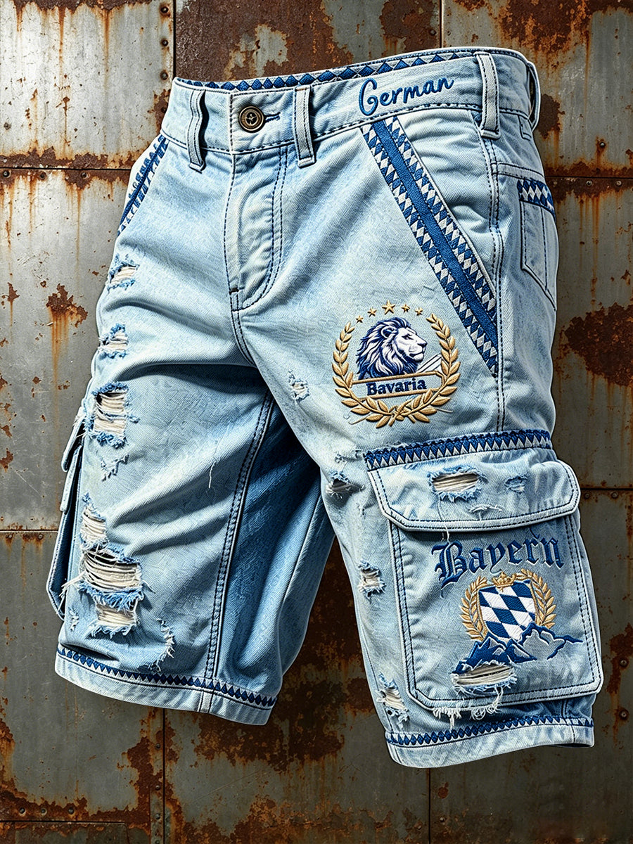 Herren-Bavarian Lion Denim Distressed Print Freizeit-Arbeits shorts