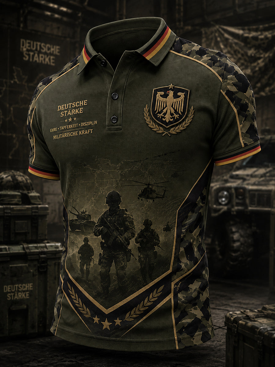Herren-Poloshirt mit kurzen Ärmeln und Vintage-Print im Militärstil