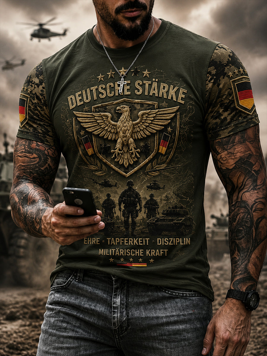 Herren-T-Shirt mit kurzen Ärmeln und Vintage-Print im Militärstil
