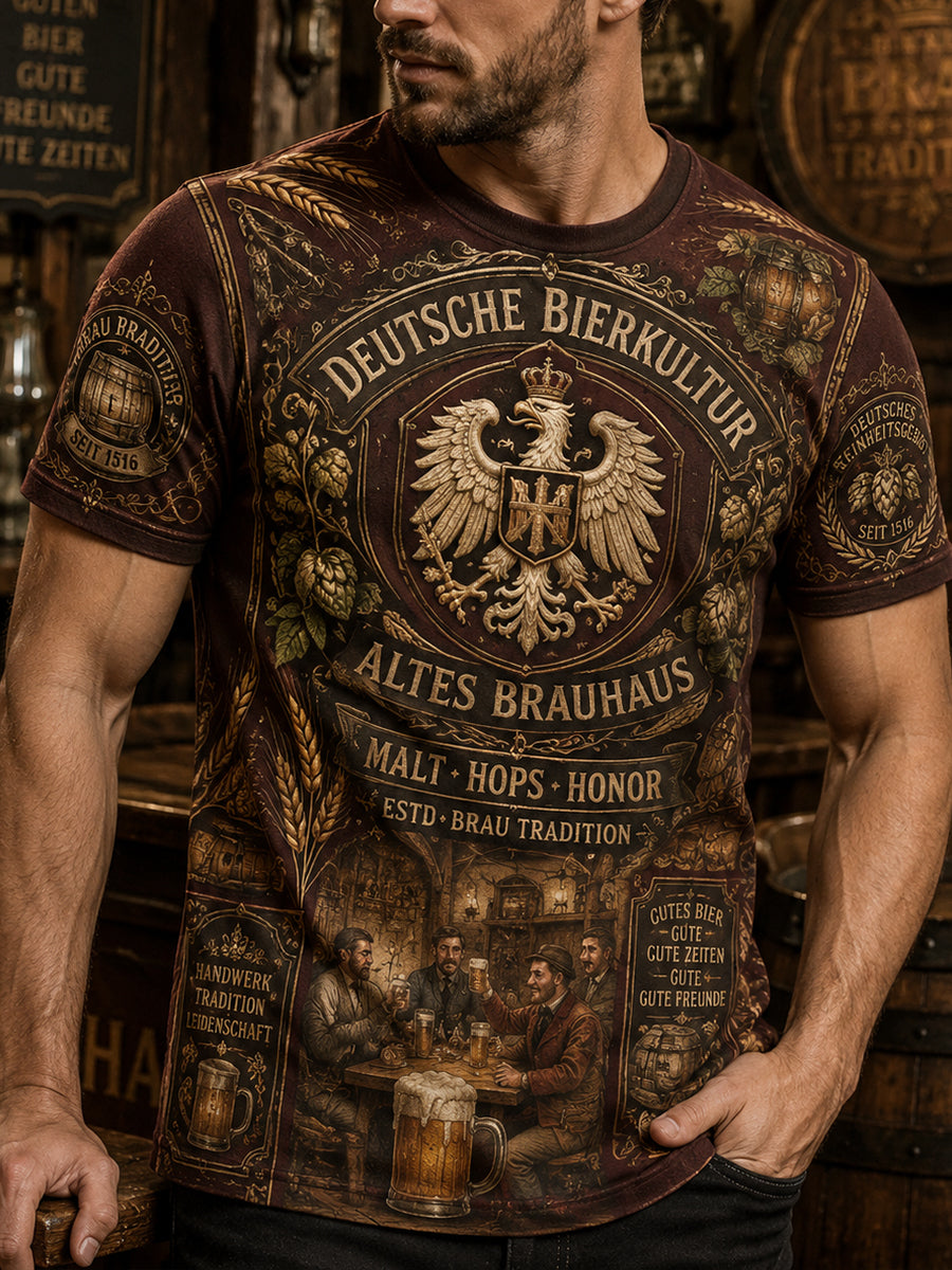 Herren-T-Shirt mit kurzen Ärmeln und vintage Biermotiv