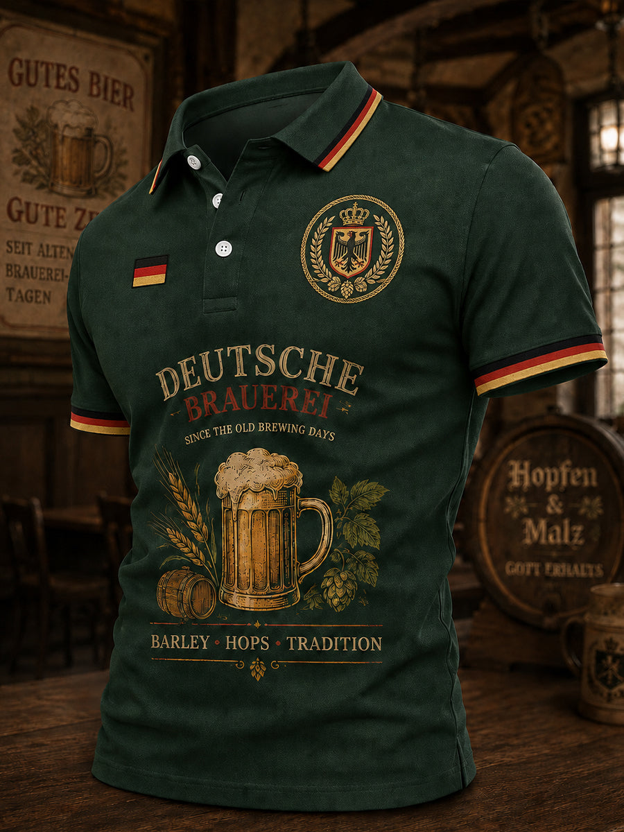 Herren-Poloshirt mit kurzen Ärmeln und vintage Biermotiv-Print