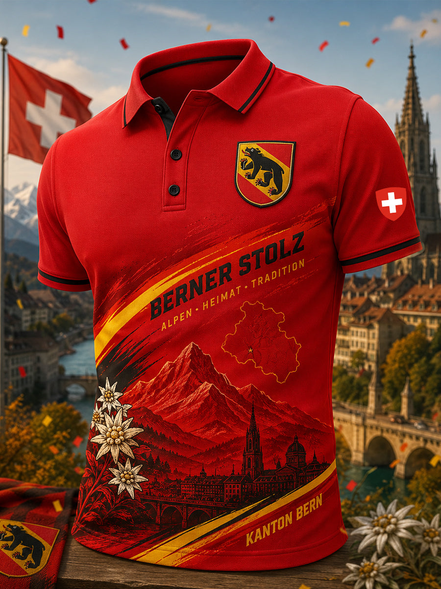 Herren-Poloshirt mit kurzen Ärmeln und urbanem, erinnerungsträchtigem Grafikdruck