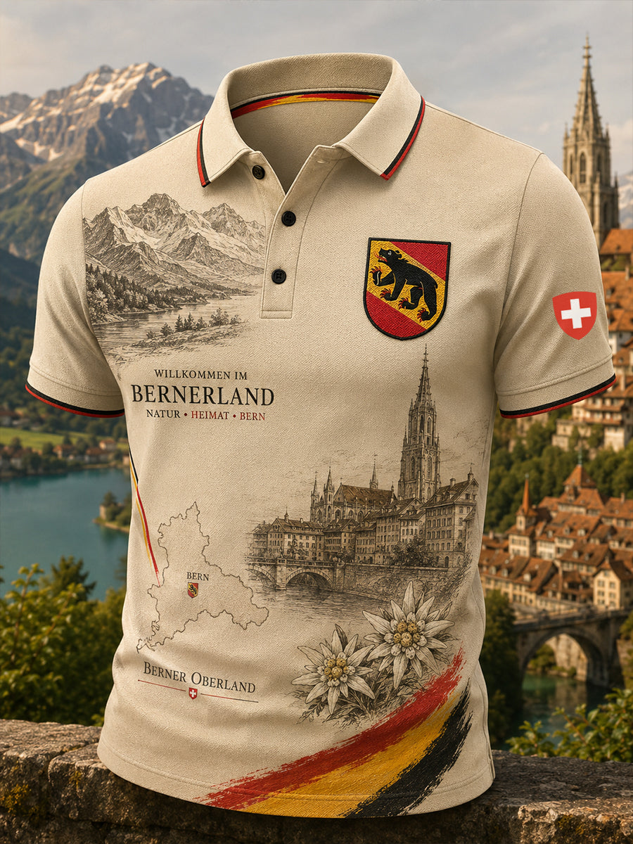 Herren-Poloshirt mit kurzen Ärmeln und urbanem, erinnerungsträchtigem Grafikdruck