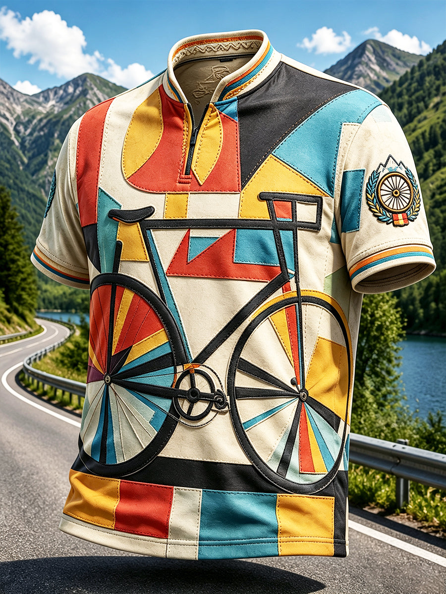 Herren-T-Shirt im deutschen Bauhaus-Stil mit geometrischem Patchwork‑Cycling‑Print und durchgehendem Reißverschluss, lässig geschnitten