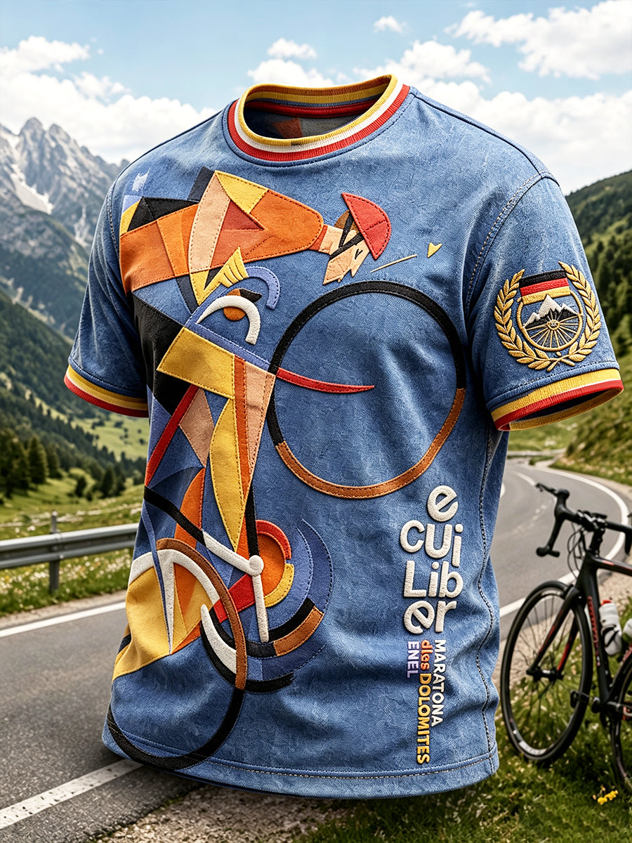 Herren-T-Shirt in Blau mit geometrischem Bauhaus-Kunstdruck – lässiger Fahrrad-Style