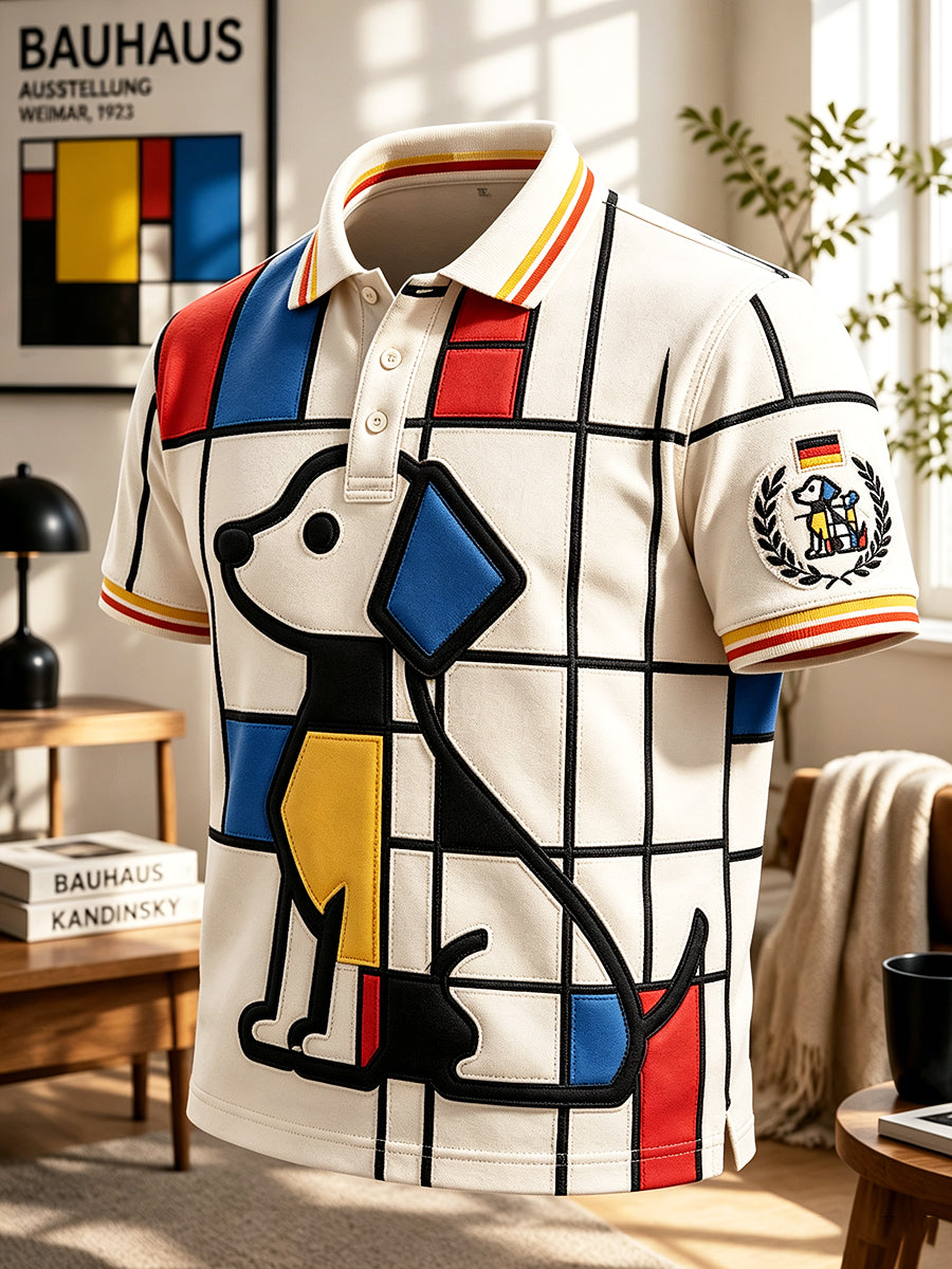 Herren-Poloshirt im deutschen Bauerhaus-Stil mit geometrischem Muster und Welpenprint, lässig geschnitten