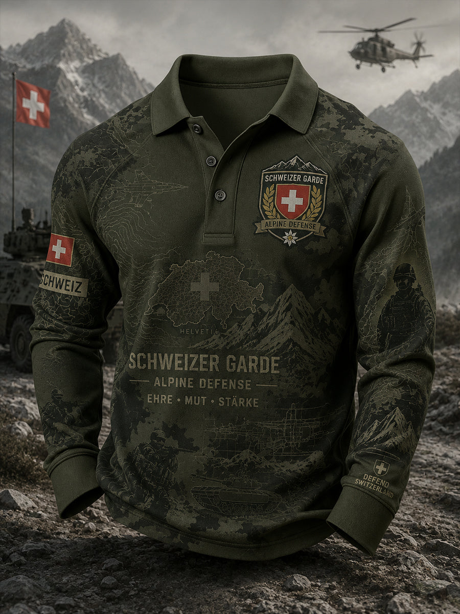 Herren-Vintage-Camouflage-Poloshirt im Militärstil mit Raglanärmeln und Langarm