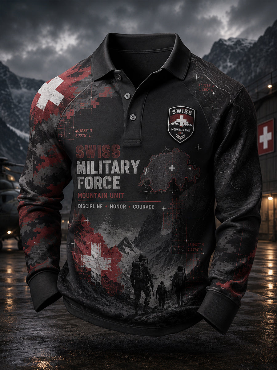 Herren-Vintage-Camouflage-Poloshirt im Militärstil mit Raglanärmeln und Langarm