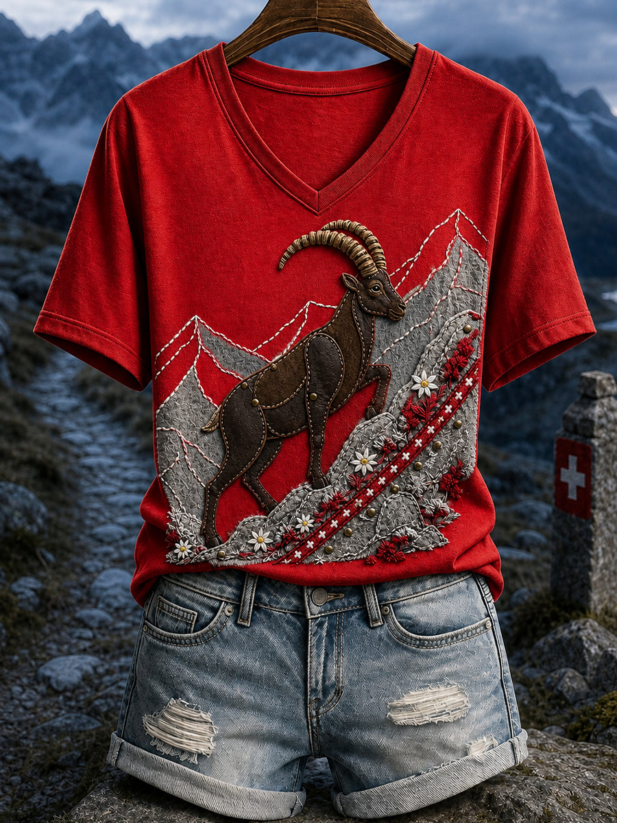 Damen-Retro-T-Shirt mit schweizerischem Tierkunstdruck, lässig