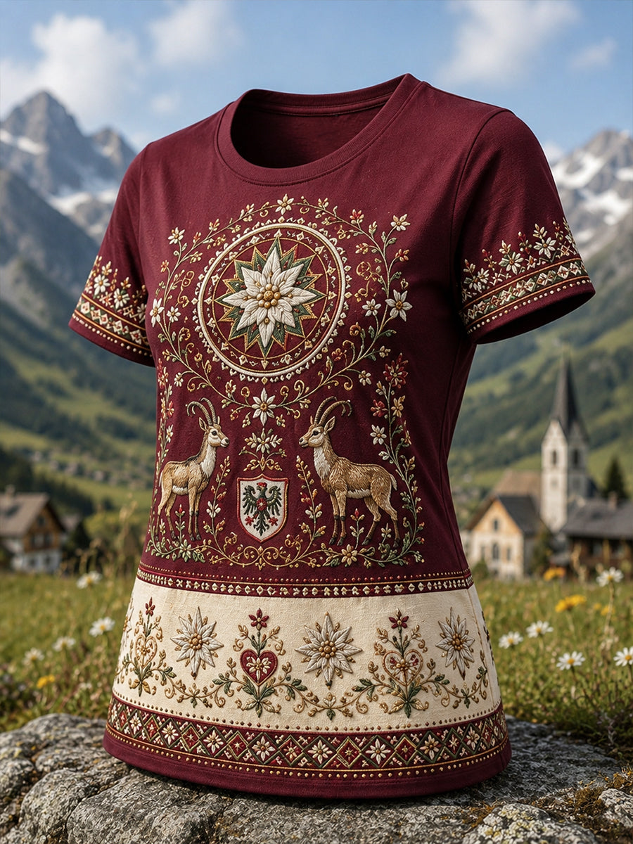 Damen-T-Shirt im österreichischen Landhausstil mit Kunstdruck und kurzen Ärmeln