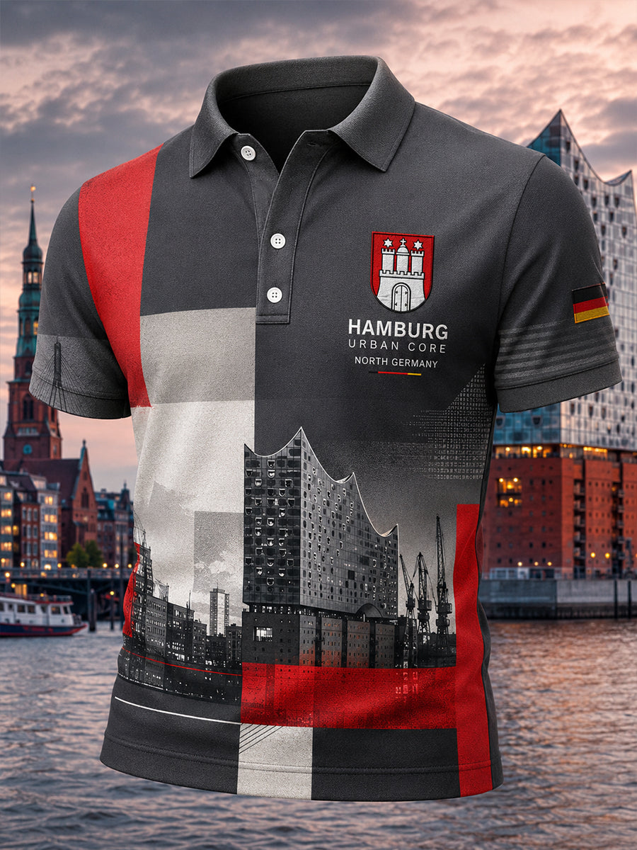 Herren-Poloshirt mit kurzen Ärmeln und urbanem, erinnerungsträchtigem Grafikdruck