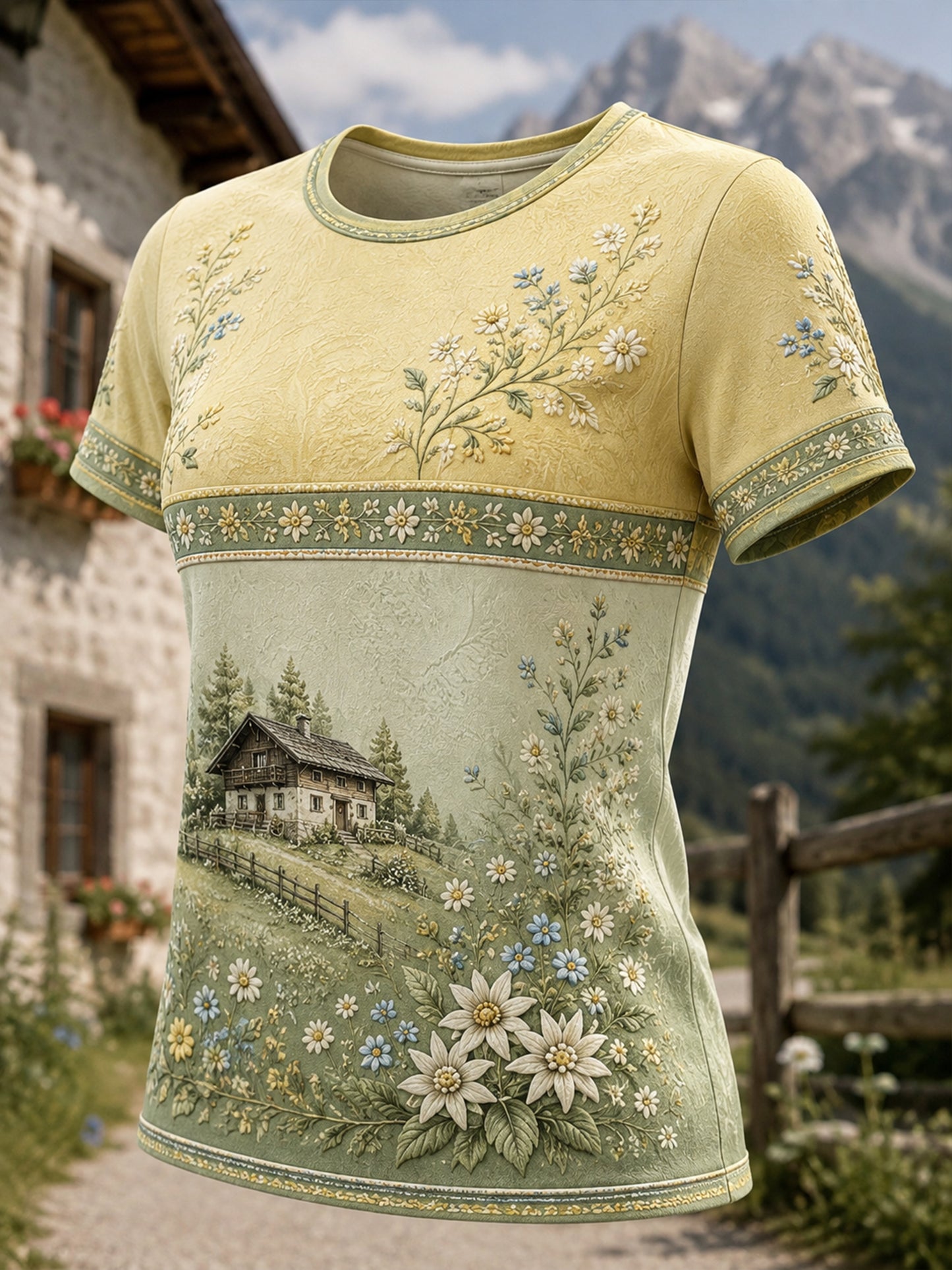 Frauen-T-Shirt im österreichischen Landhausstil mit Kunstdruck, lässig geschnitten