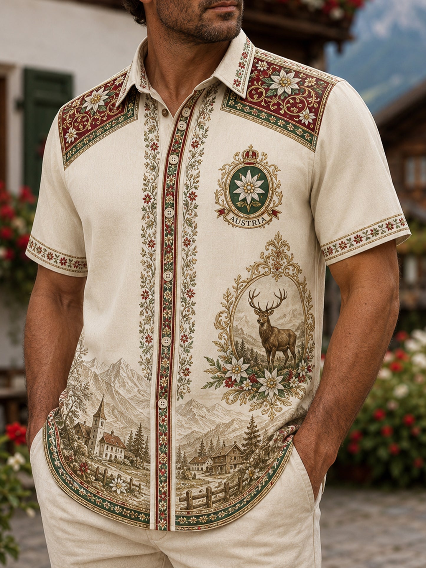 Herren-Landhausstil-Hemd mit Kunstdruck, lässig