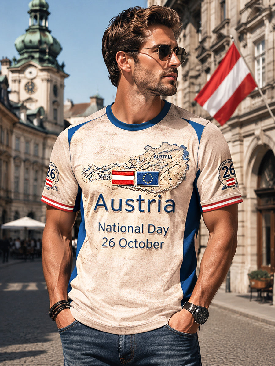 Herren Retro Österreich isches National Day Patchwork Print Freizeit T-Shirt