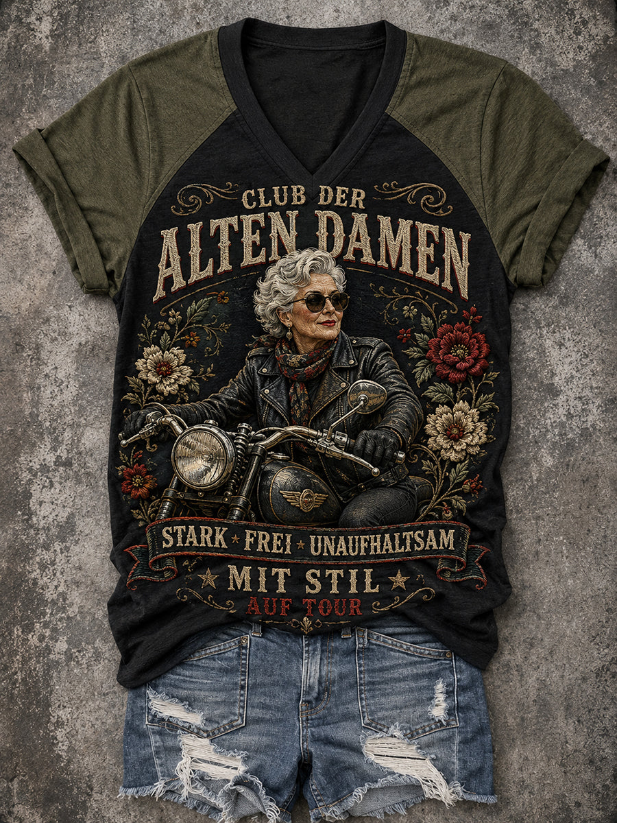 Damen-Vintage-Raglan-T-Shirt mit Slogan-Print, V-Ausschnitt und kurzen Ärmeln